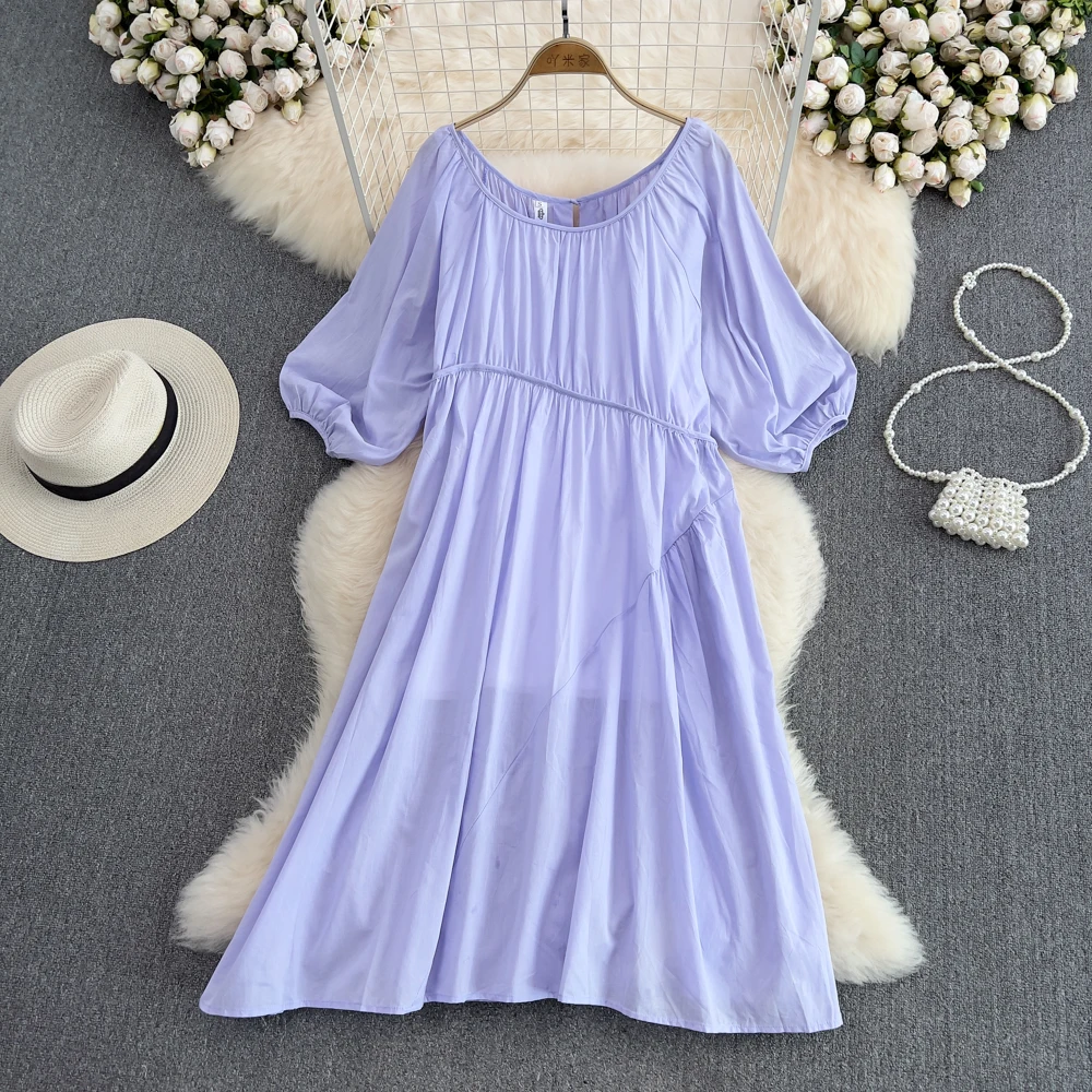 

VANOVICH 2022 Summer New Korean Style O-neck Loose Waist Lantern Sleeves Dress Temperament Solid Color Casual A-line Long Dress