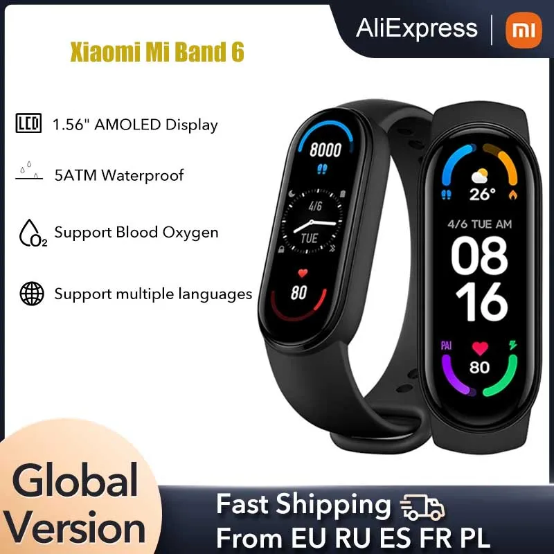 

Xiaomi Mi Band 6 Global Version Smart Bracelet AMOLED Screen Blood Oxygen Fitness Traker Bluetooth Waterproof Sports Smartband