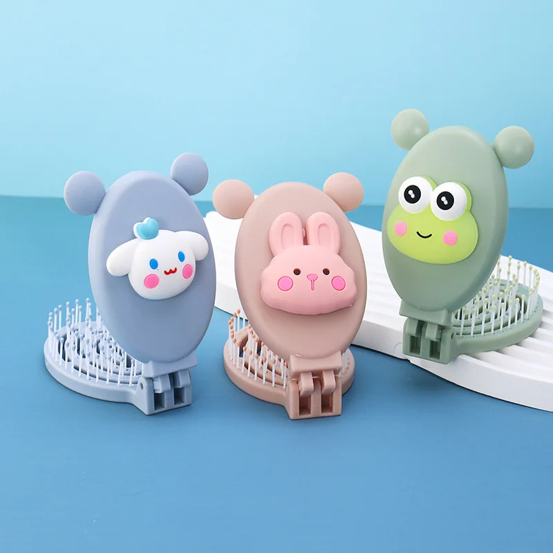 

Cartoon Foldable Small Hair Comb with Mirror Dog Rabbit Frog Clamshell Portable Massage Smooth Comb Hair Styling Accessories