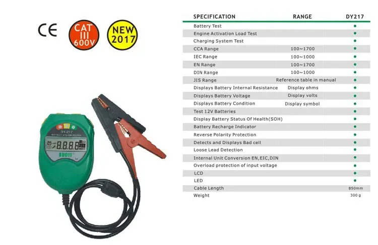 DUOYI DY217 Тестер автомобильного аккумулятора 9-18 В свинцово-кислотный аккумулятор