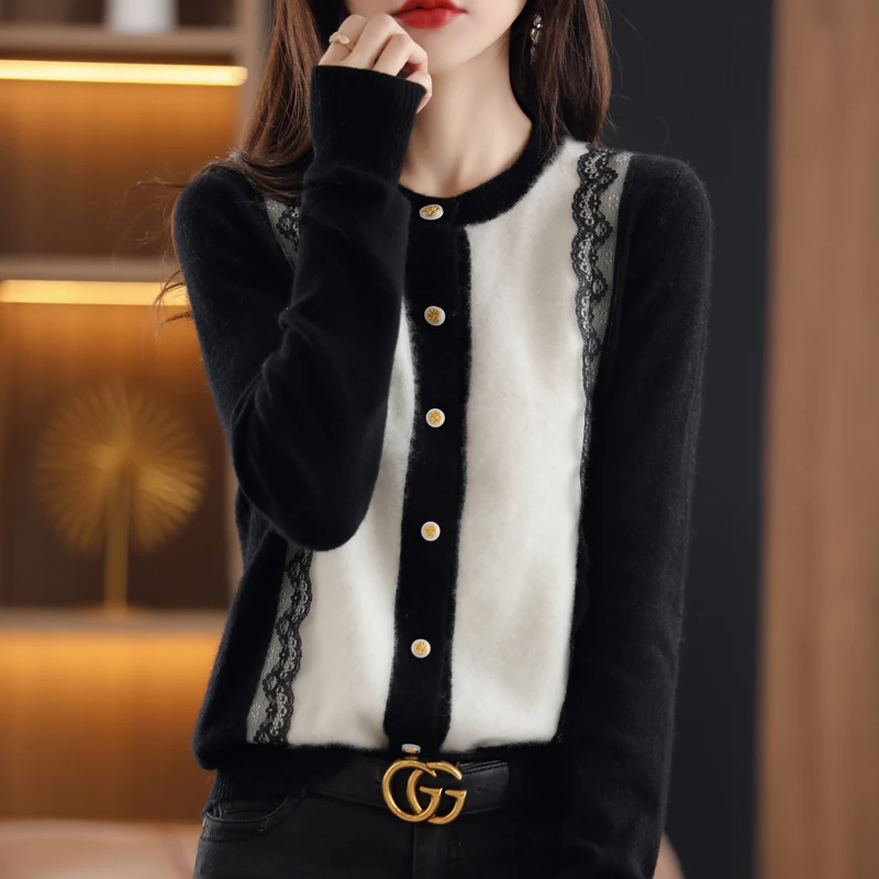 2022 Early Autumn New 100 Pure Wool Knitted Cardigan Women's Sweater Black and White Mixed Color Cashmere Sweater Outside Wear