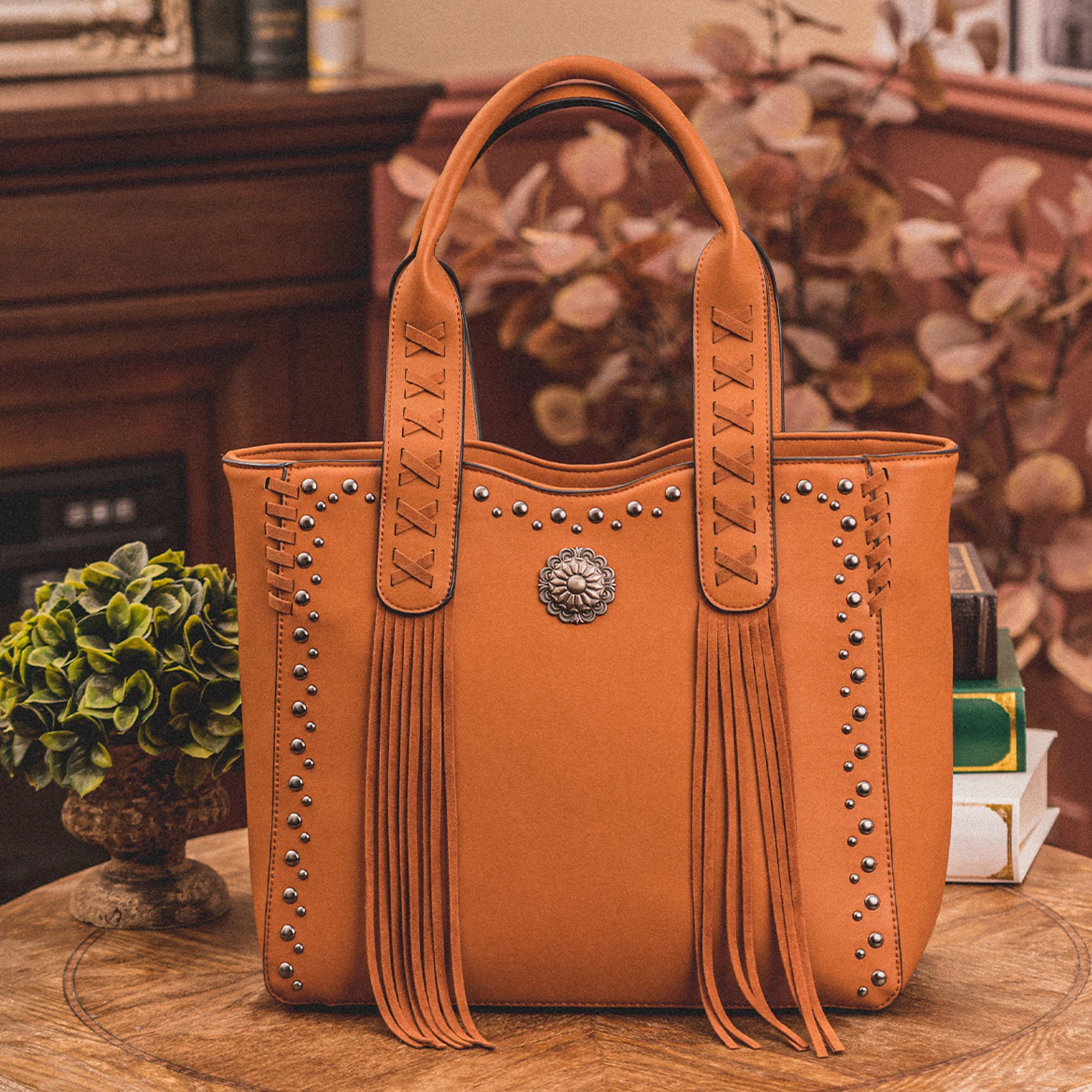 

Celela Luxury Designer Handbag PU Leaher Concealed Carry Fringe Rivet Tote High Capacity Shoulder Bag Purse