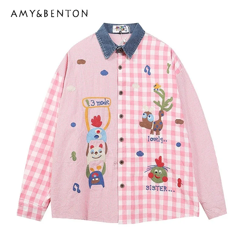 Новинка 2024 японская осенняя забавная джинсовая рубашка с мультяшной вышивкой