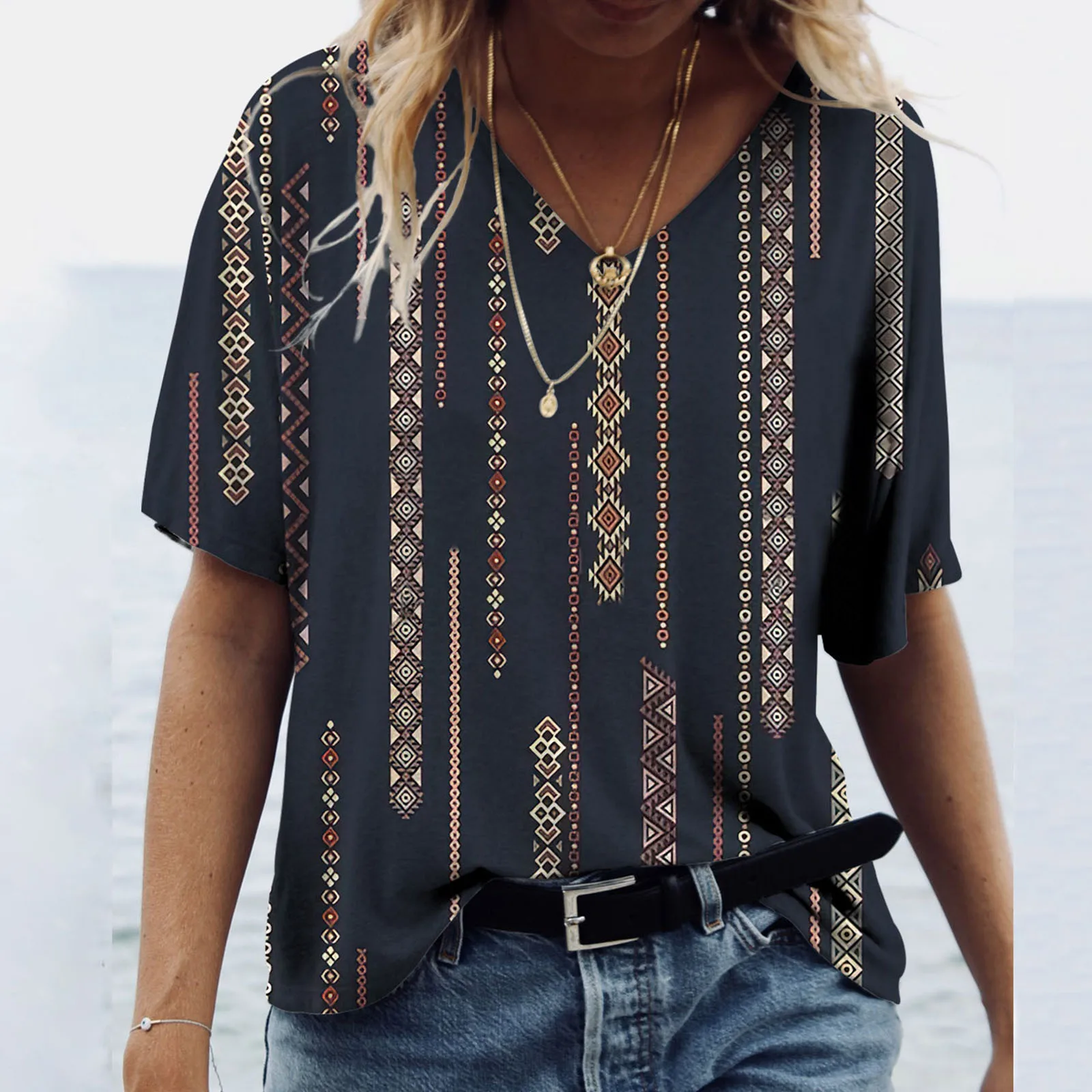 

Summer Tops For Women V Neck Tshirts Loose Fit Casual Vintage Print Tee Shirt Tops Short Sleeve Tees Long Sleeve Pocket Shirt