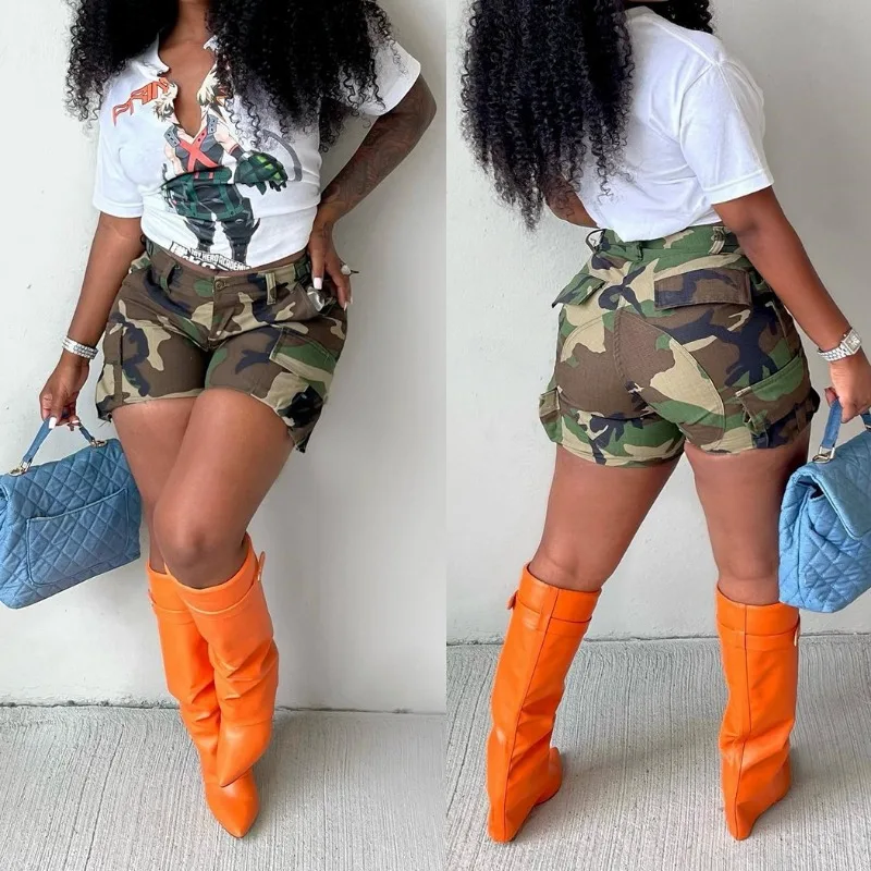 

Boyfriend Style Camouflage Camo Hot Selling Casual Streetwear Printing Patch Bag Splicing ToolingPants Ladies Women Cargo Shorts