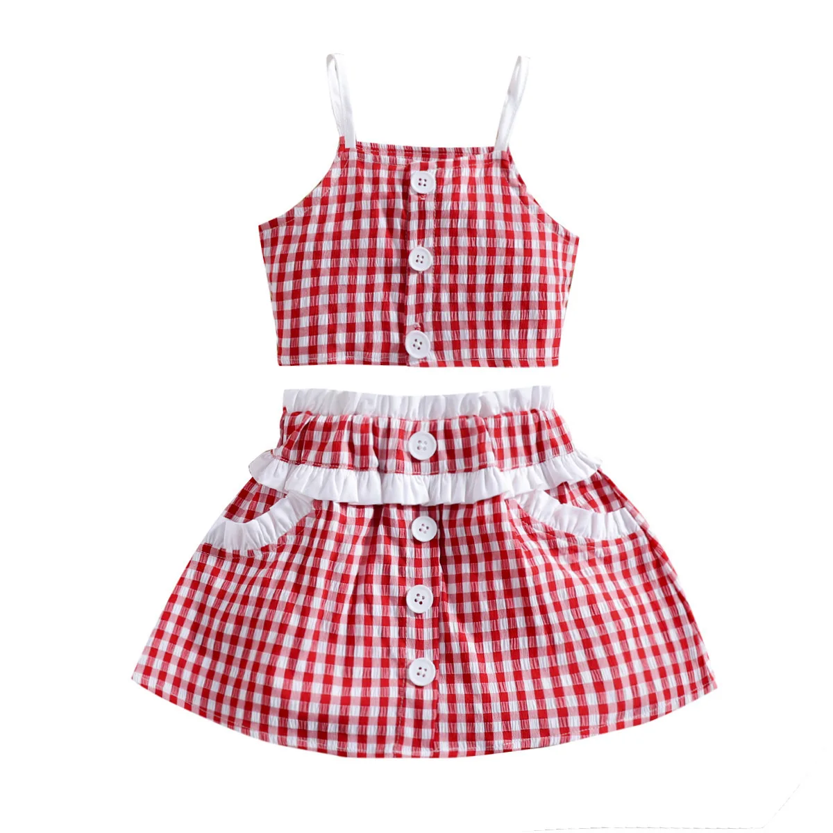 

Летний детский комплект из двух предметов для маленьких девочек, модный сарафан в клетку, топы, юбка с оборками, костюм для маленьких девоче...