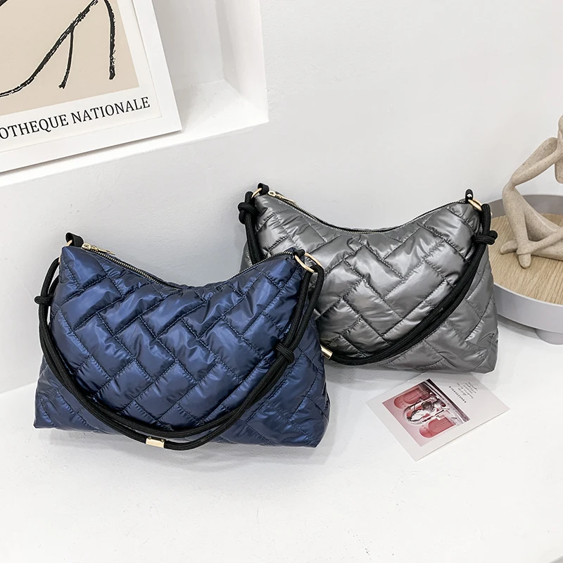 Fashion Quilted Lattice Space Padded Nylon Shoulder Bag for Women Winter Large Capacity Zipper Handbag Designer Top-handle Bags