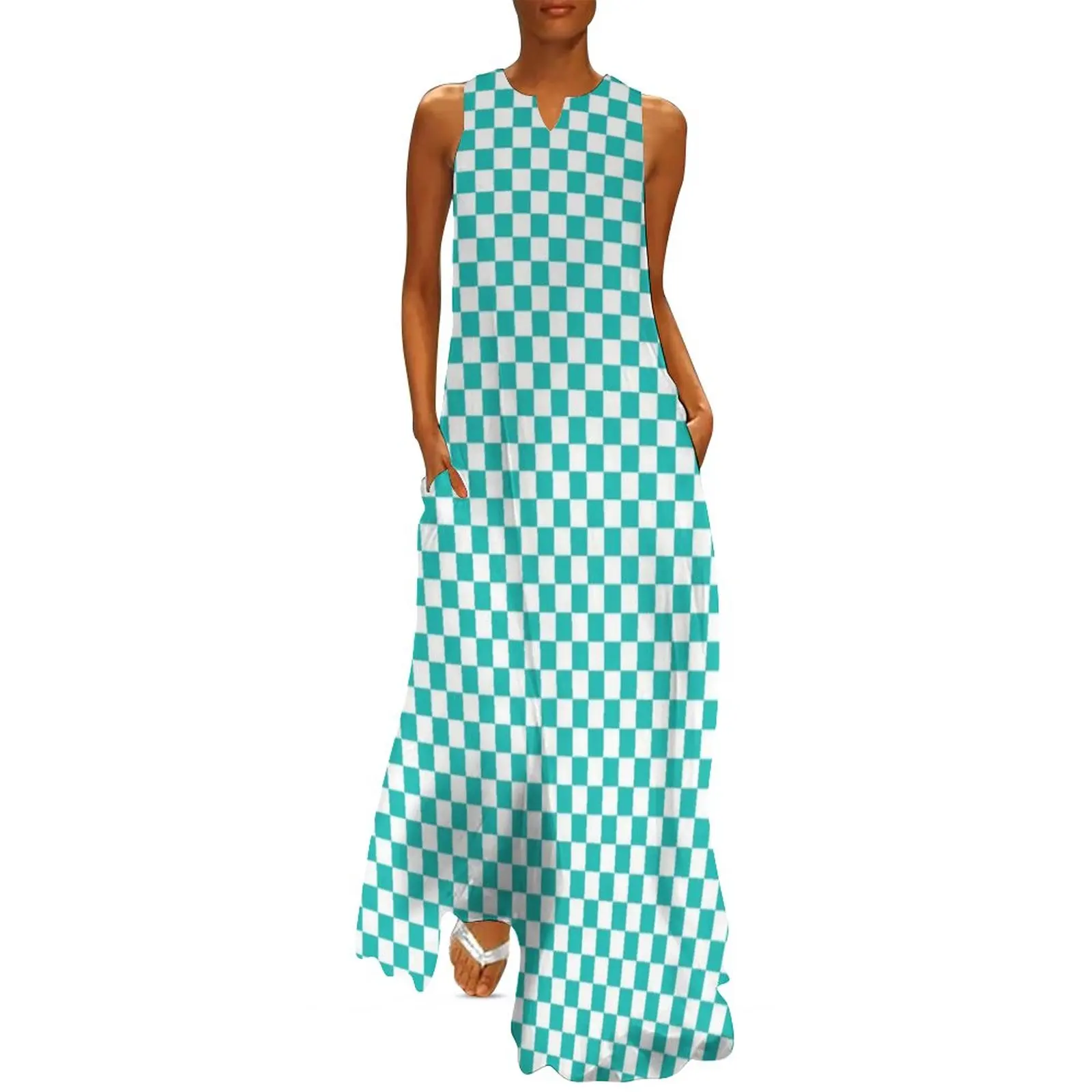 

Aqua Checkerboard Dress Green White Squares Sexy Maxi Dress V Neck Printed Casual Long Dresses Aesthetic Big Size Vestidos