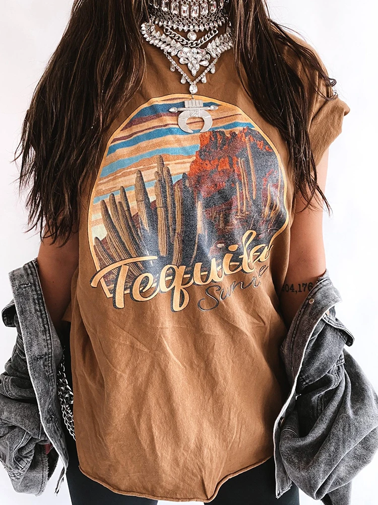 Tequila Sunrise Print Vintage Coffee New Women T Shirt Round Neck 2022 90's Girls Summer Tees Drop Shoulder Harajuku Top Clothes images - 6