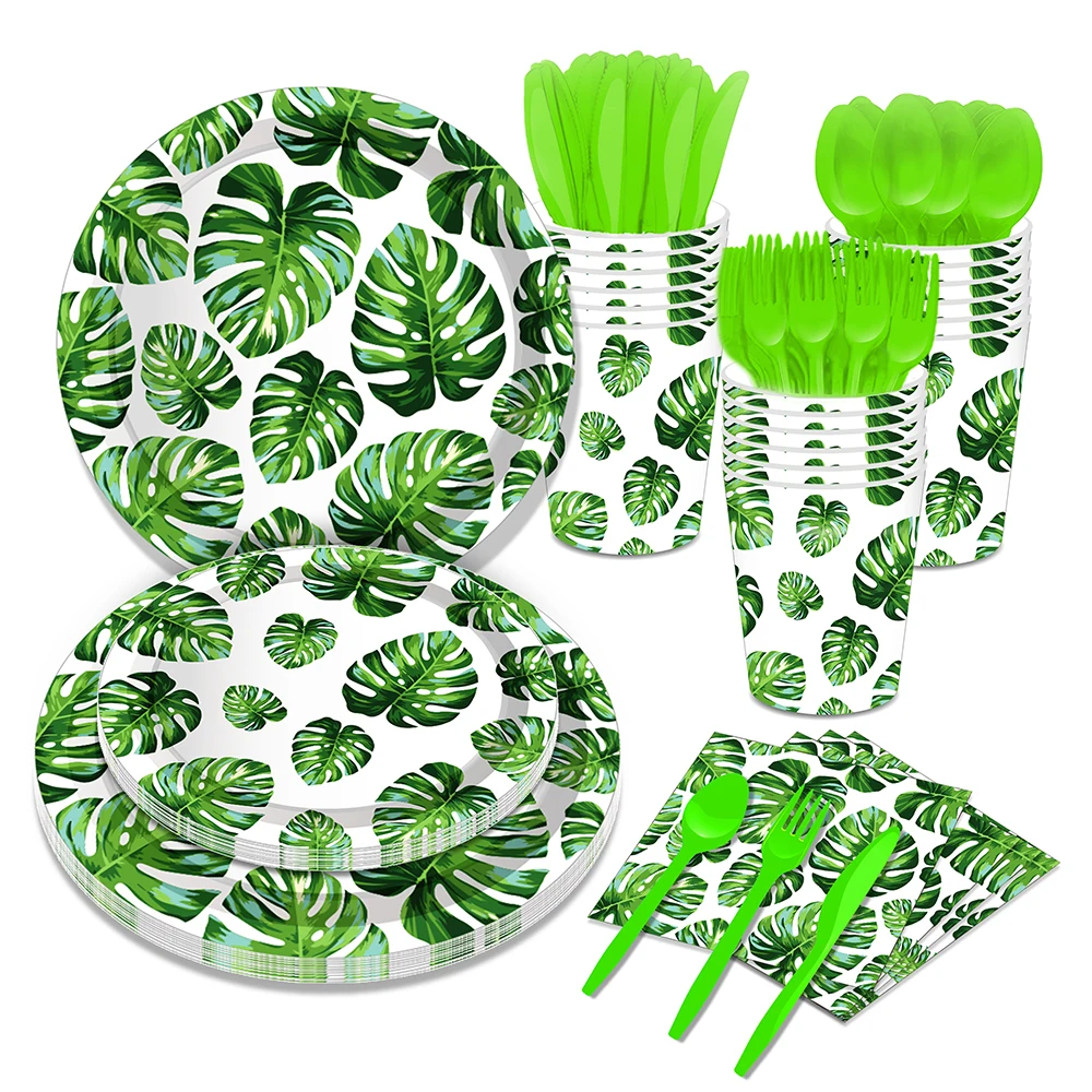 

Hawaii Tropical Plant Plantain Leaf Happy Birthday Party Disposable Tableware Sets Plates Cups Kids Baby Shower Party Supplies