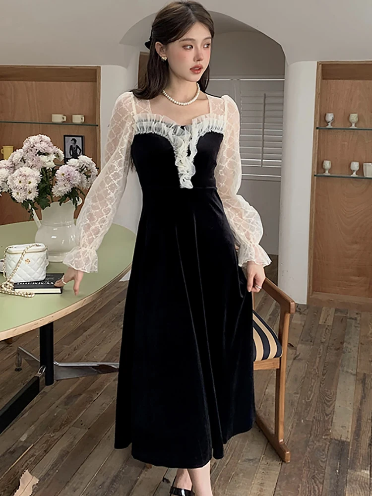 

Black Velvet Patchwork Mesh Ruffled Square Collar Midi Dress Spring Autumn Luxury Women Dress 2023 Korean Vintage Hepburn Dress