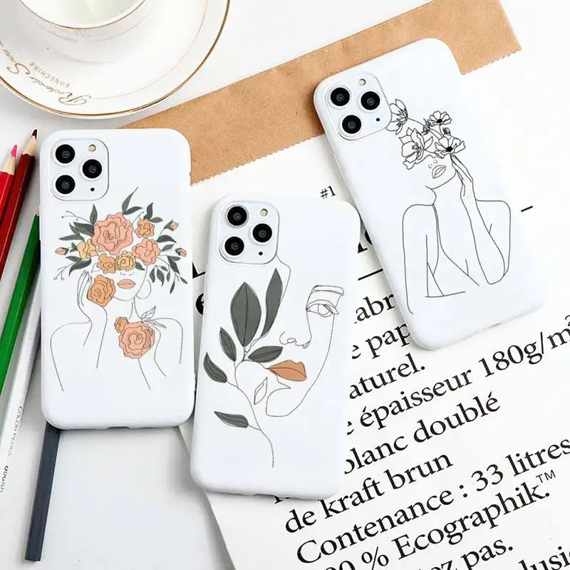 

Line Art Sketch Flower Girl Phone Case for iPhone 11 12 13 Mini Pro Xs Max 8 7 6 6S Plus X XR Solid Candy Color Case