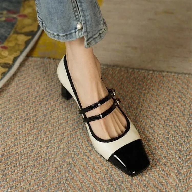 

Double Buckle Mary Janes Shoes Women's Mixed Color Pumps Black Toe High Heels Dress Shoes Patchwork Zapatillas Mujer Tacon