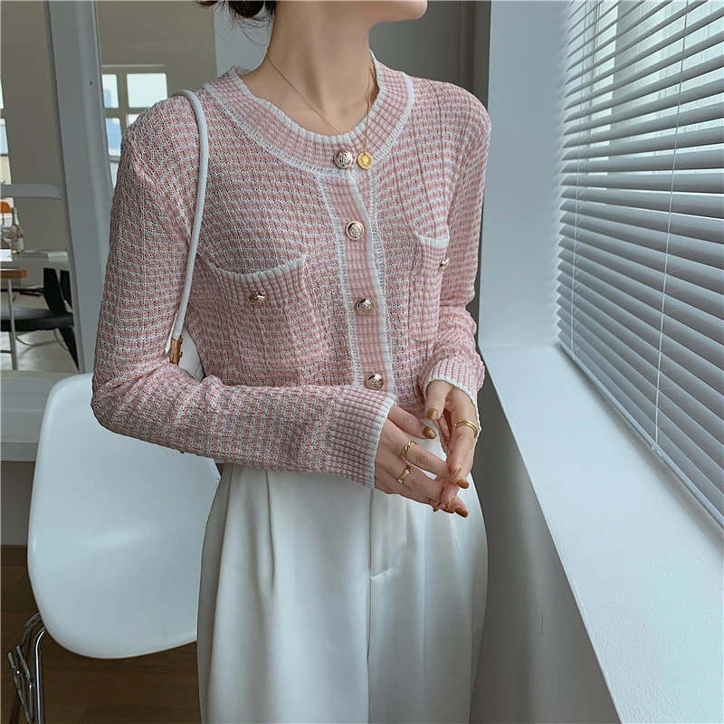 

2022 Spring New Casual Women Sweater Knitted Cardigan Gentle Wind Ice Silk Sweaters Coat Short Small Shirt Long Sleeve Top