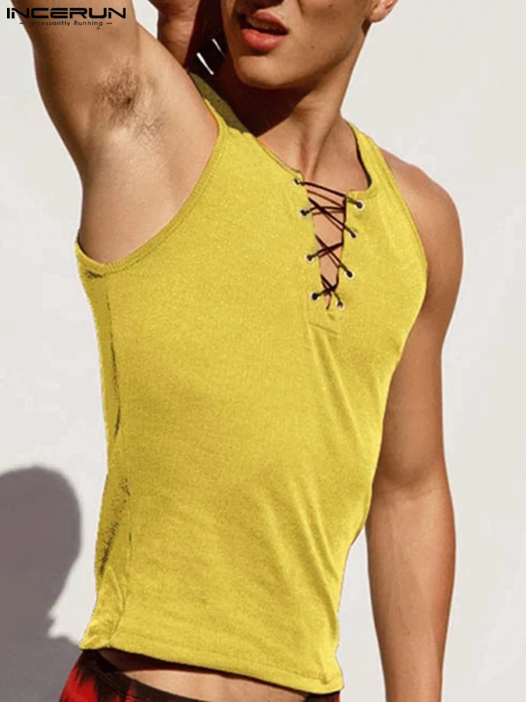 

Мужская майка INCERUN 2022, на шнуровке, без рукавов, с V-образным вырезом, однотонная, дышащая, для фитнеса, S-5XL