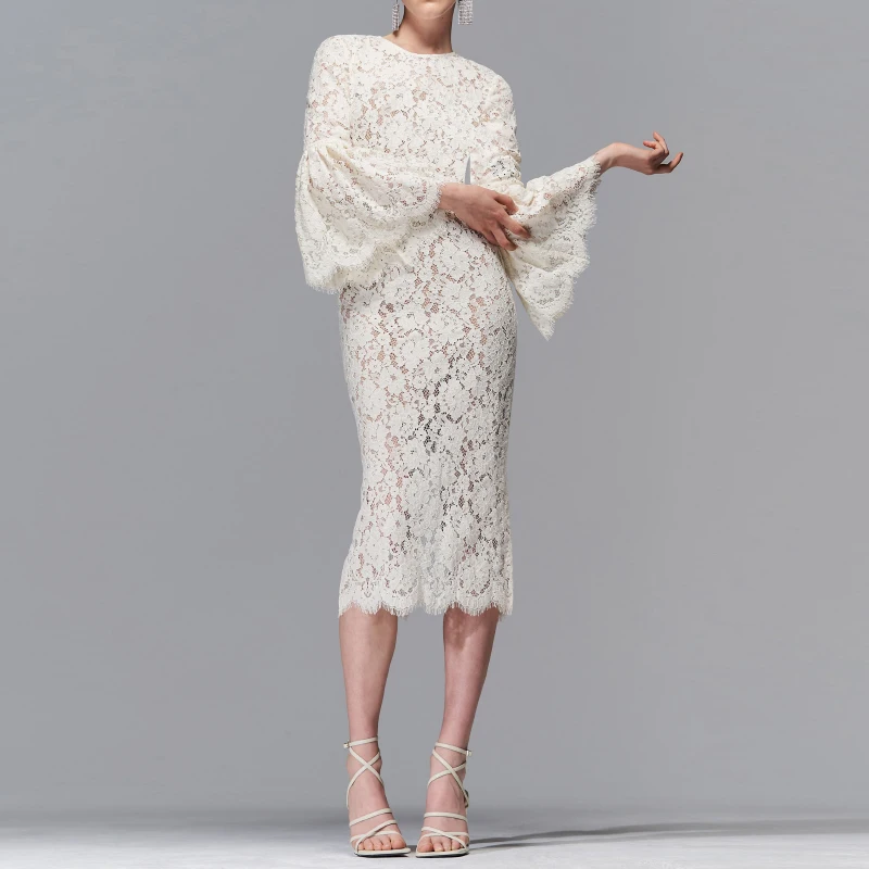 New Autumn Elegant Sexy White Hollow Out Lace Dress Runway Designer Elegant Long Sleeve Slim Mermaid Dresses for Women 2022