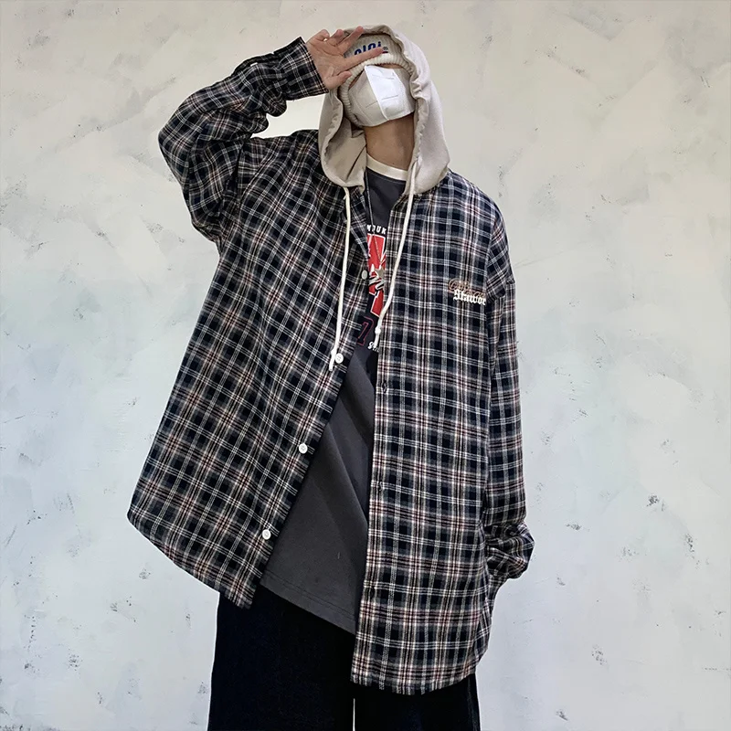 

Мужская рубашка с капюшоном HybSkr, с буквенным принтом, Весенняя клетчатая блузка с длинным рукавом, универсальные Топы в стиле Харадзюку, баз...