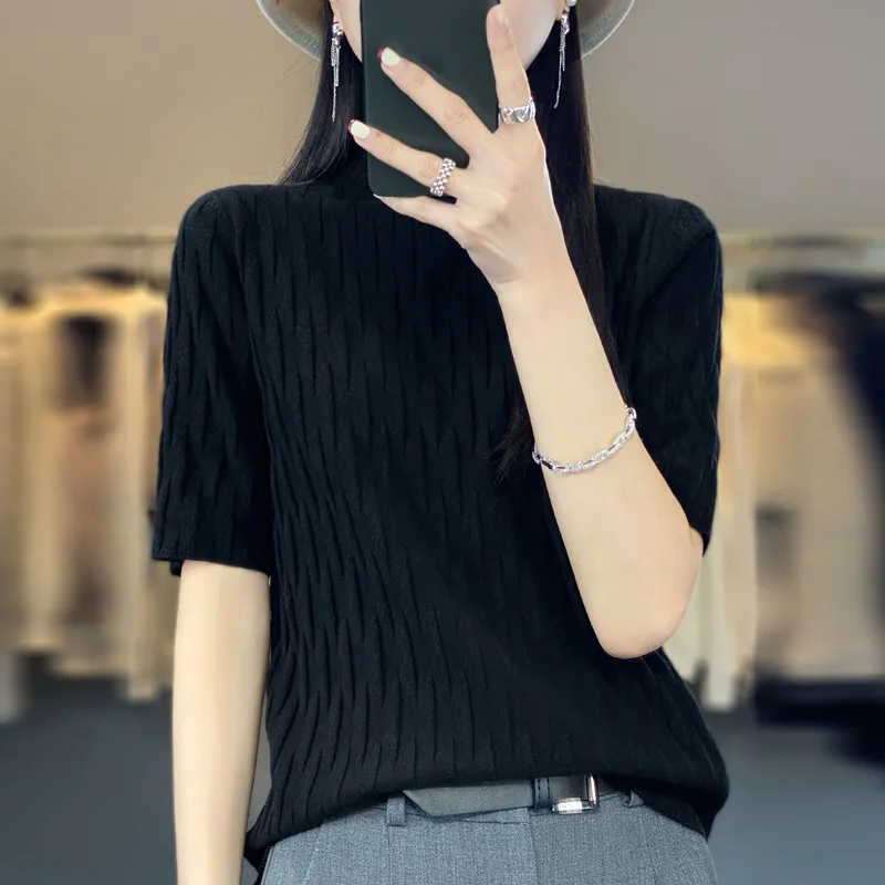 

2023 Summer New Fashion Knitted Pit Stripe Short Sleeve T-shirt for Women Versatile Half High Collar Thin Half Sleeve Women