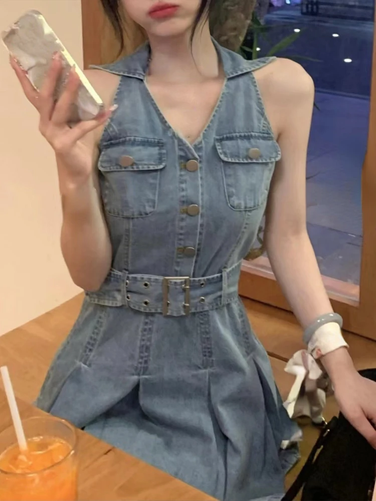 

2022 Summer Slim Sexy Vintage Denim Dress Woman Casual Sleeveless Short Party Dress Elegant Pure Color Strap Mini Dress Korean