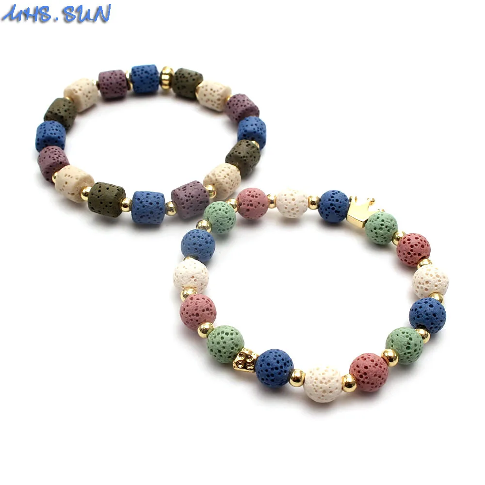 

MHS.SUN Fashion Women Girls Elastic Bracelet Colorful Volcanics Lava Stone Beads Bracelets For Party Jewelry Gifts