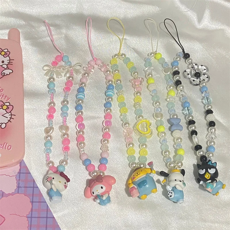 

Cute Sanrioed Anime Crystal Pendant Beaded Phone Chain Kawaii Cartoon MyMelody Cinnamoroll Kuromi Phone Lanyard Accessories Gift