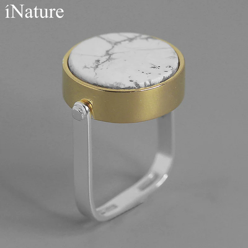 

INATURE 925 Sterling Silver White Marble Geometry Round Finger Ring For Women Accessories Jewelry