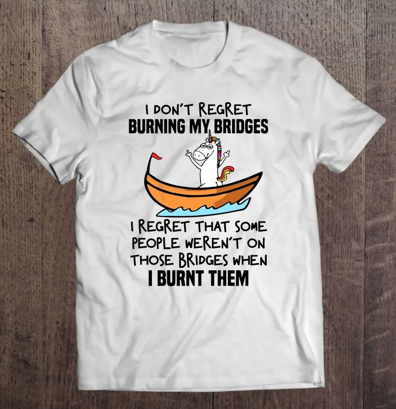 

Забавный Единорог на лодке «Я не жалею о пережигании моста», мужские футболки, летняя блузка манга, уличная одежда для мальчиков