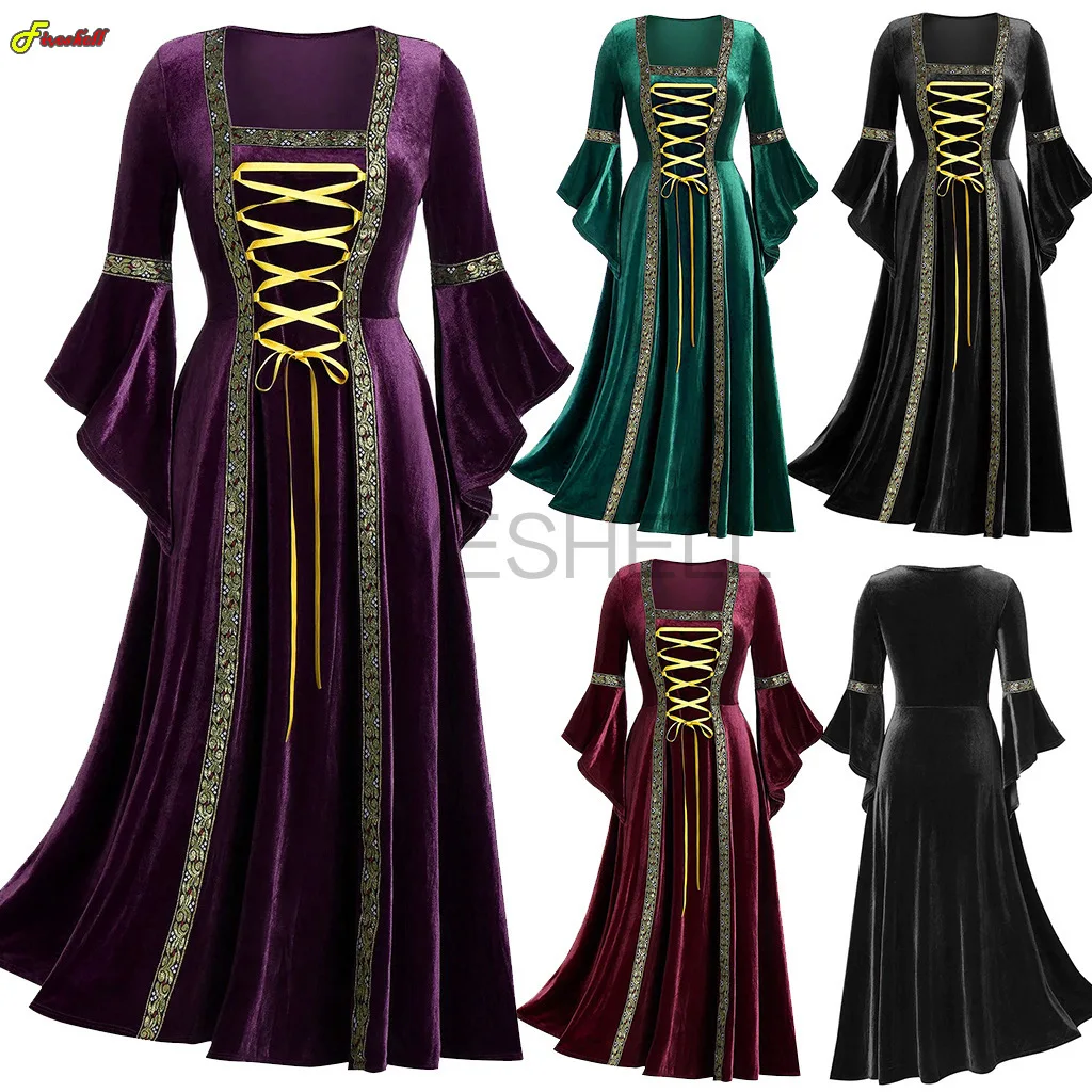 

Women Medieval Costumes Retro Elegant Square Collar Flare Sleeve Long Dress Halloween Gothic Bandage Palace Court Cosplay Dress