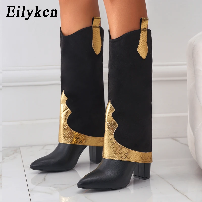 

Eilyken/женские сапоги до колена из ткани с блестками на высоком каблуке; Коллекция 2023 года; Зимняя ковбойская обувь в западном стиле с острым носком; Фирменный дизайн; Обувь золотистого и серебристого цвета