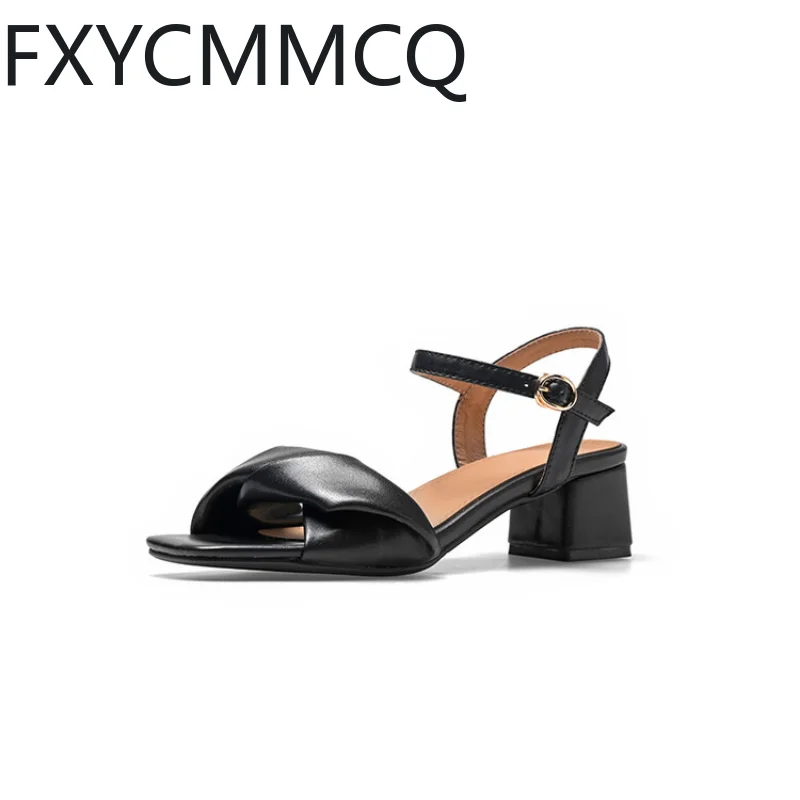 FXYCMMCQ 2023 New Leather Peep-toe Mid-heel Square Head Temperament Women Sandals Size 32-46 23-24