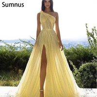 sumnus yellow one shoulder prom dress dubai african 2022 high slit tulle sequined robe de soir%c3%a9e femme party gown custom made