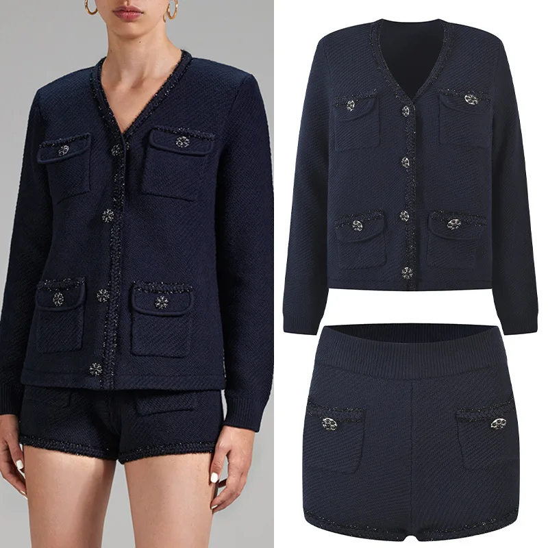 

Women's Coat Solid Knitted V-Neck Single Breasted Diamonds Cardigan Jacket Or Shorts