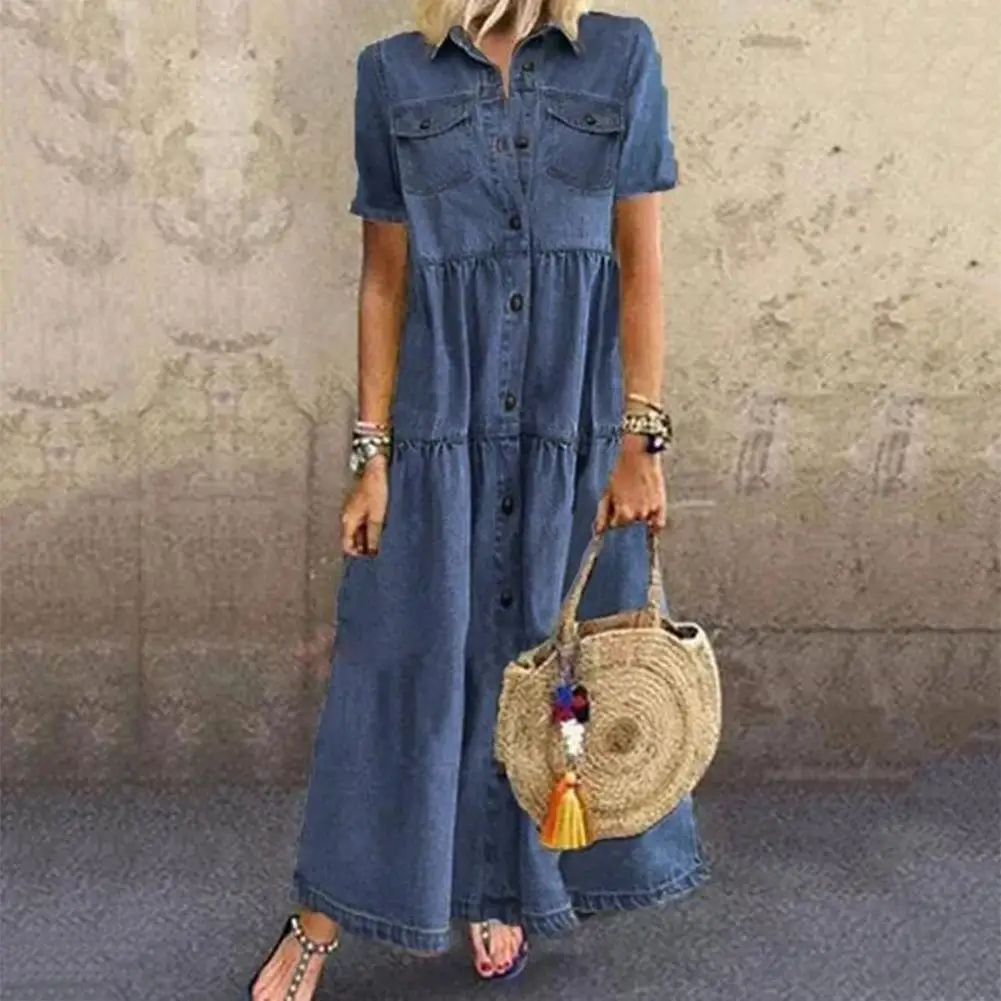 

Lapel Neck Summer Dress Comfortable Summer Chic Denim Leisure Dress Soft Women Retro Long Loose Denim Dress for Beach