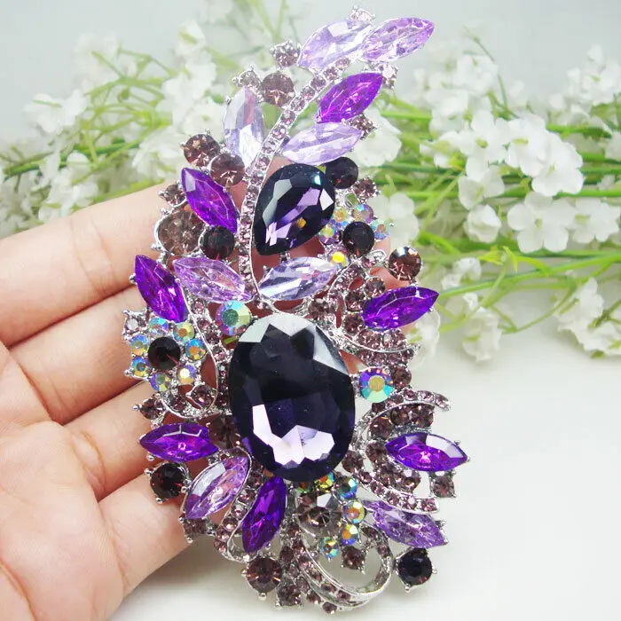 

4.5" Vintage Purple Flower Rattan Woman's Brooch Pin Rhinestone Crystal