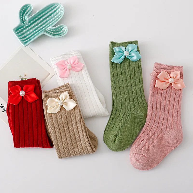

New Baby Girls Princess Socks Elastic Pearls Bow Walking Socks Breathable Tube Socks for Toddler Infant Stockings Accessories
