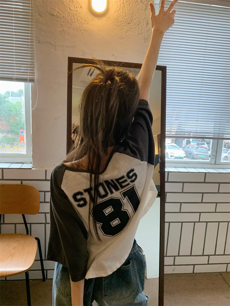 

American retro short sleeve straight shoulder T-shirt women's summer loose design sweet Spice Girls short raglan sleeve niche to