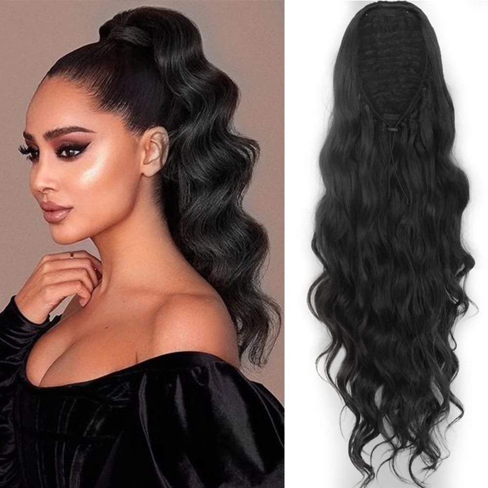 

26" Synthetic Extension for Women Synthetic Long Body Wave Ponytail Extensions Black Drawstring Ponytail Clip in Hairpiece