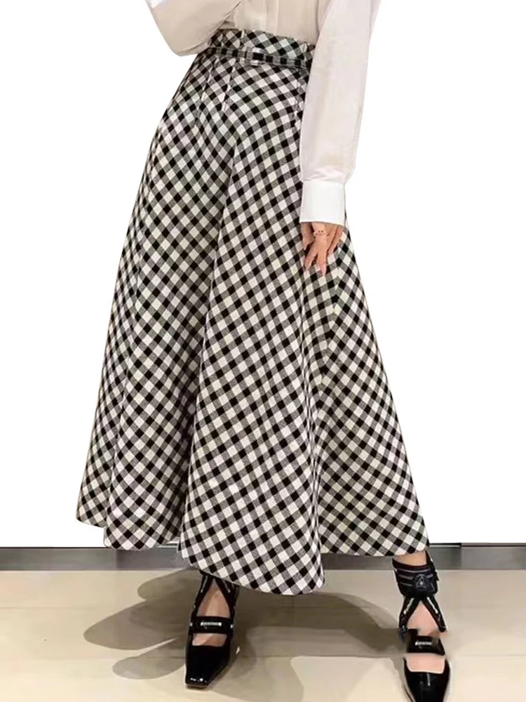 

Designer Retro Houndstooth Tie Waist High Waist Plaid Skirt Ladies Autumn New Fashion Loose Swing Swing Plaid Tutu Skirt