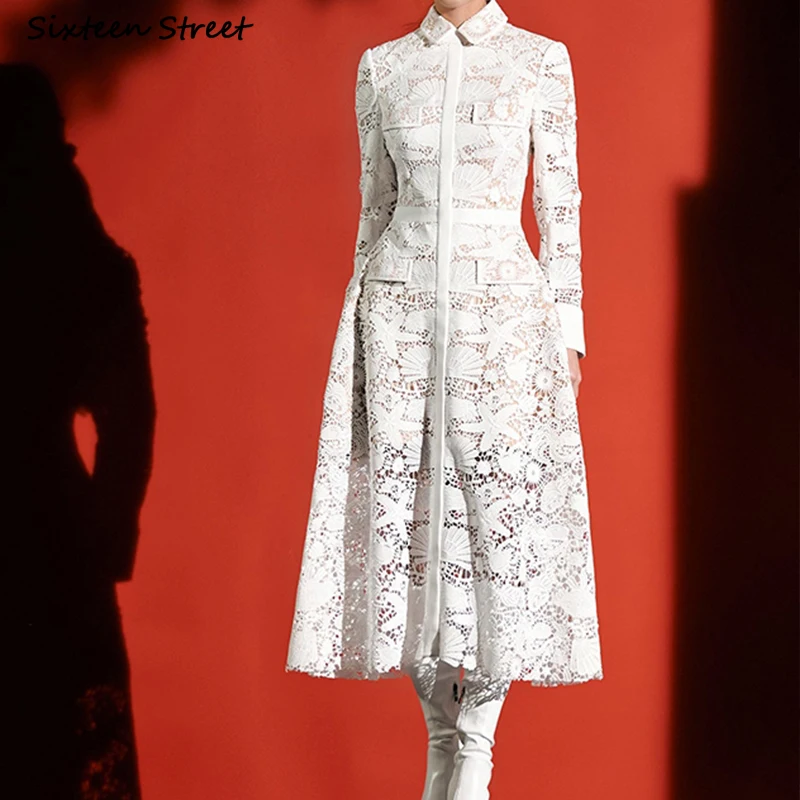 

2022 Vintage Lace Dress Women Long Sleeve Hook Hollow Flower Vestido Women Party Dresses White High Waist Clothing