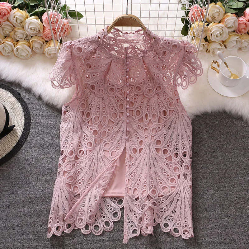 

Блузка женская кружевная с вышивкой, дизайнерская рубашка с коротким рукавом, однобортная элегантная ажурная блузка с воротником-стойкой, ...