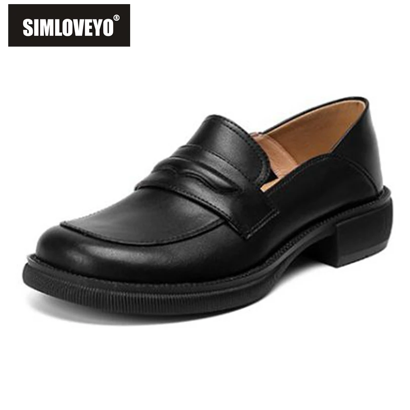 

SIMLOVEYO Office Ladies Pumps Round Toe Flats Heels Cow Leather Slip-on Large Size 34-43 Solid Black Beige Leisure Spring S2850