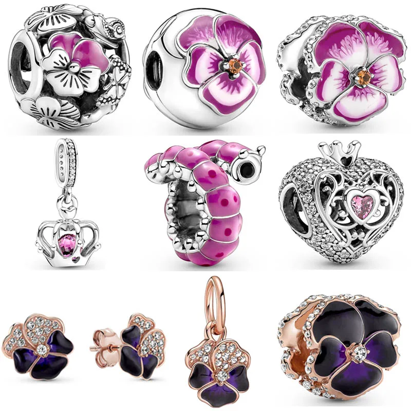 

New 925 Sterling Silver Pink Flower Friends Regal Crown & Heart Curled Caterpillar Bead Charm Fit Fashion Bracelet Jewelry