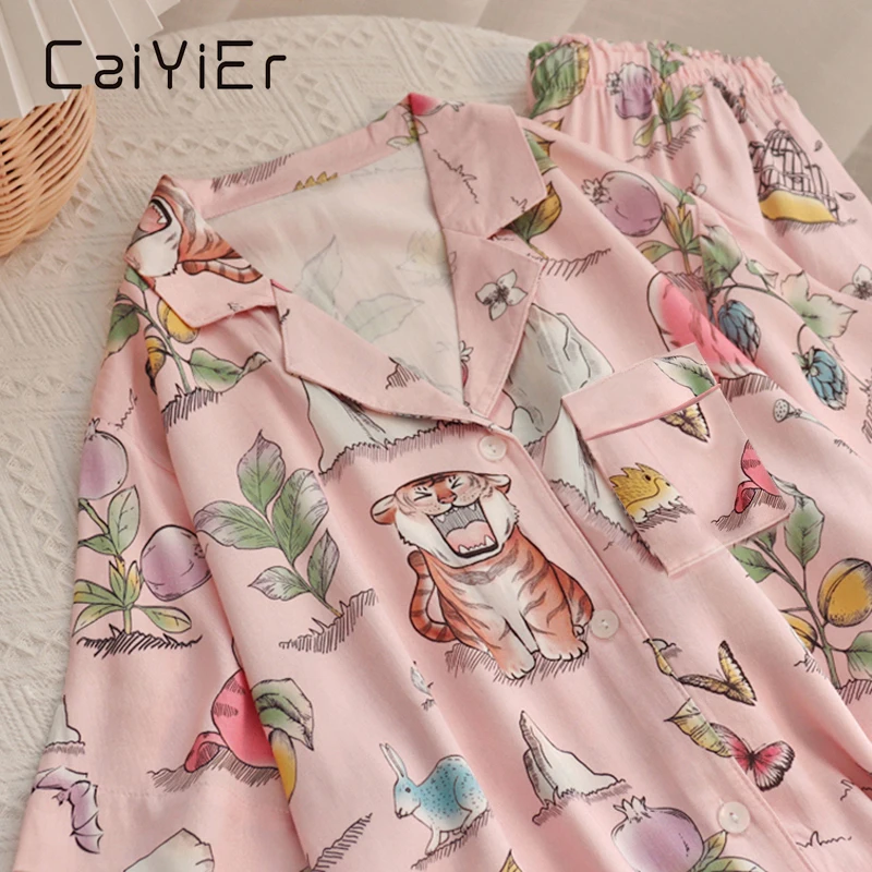 CAIYIER 2022 Cute Cartoon Print Ladies Nightwear Long Sleeve Sleepwear Sexy Women Luxury Pajamas Set Robe Bath Gown Sleepshirts
