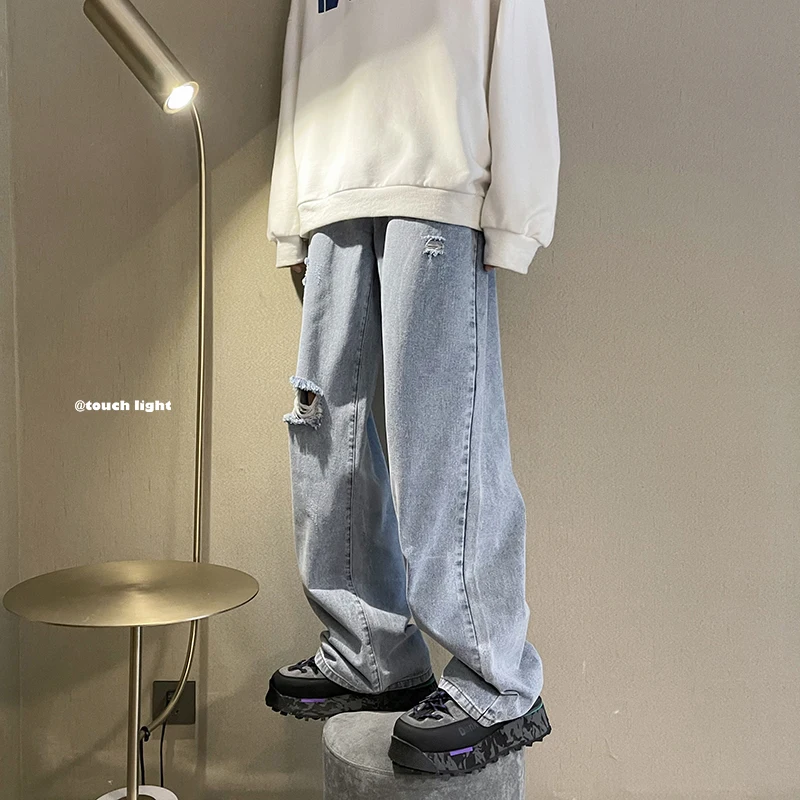 Fashion Trend Men Denim Pant Stretch Plus Size High Street Biker Jeans Destroyed Ripped Design Hole Straight Jeans for Men