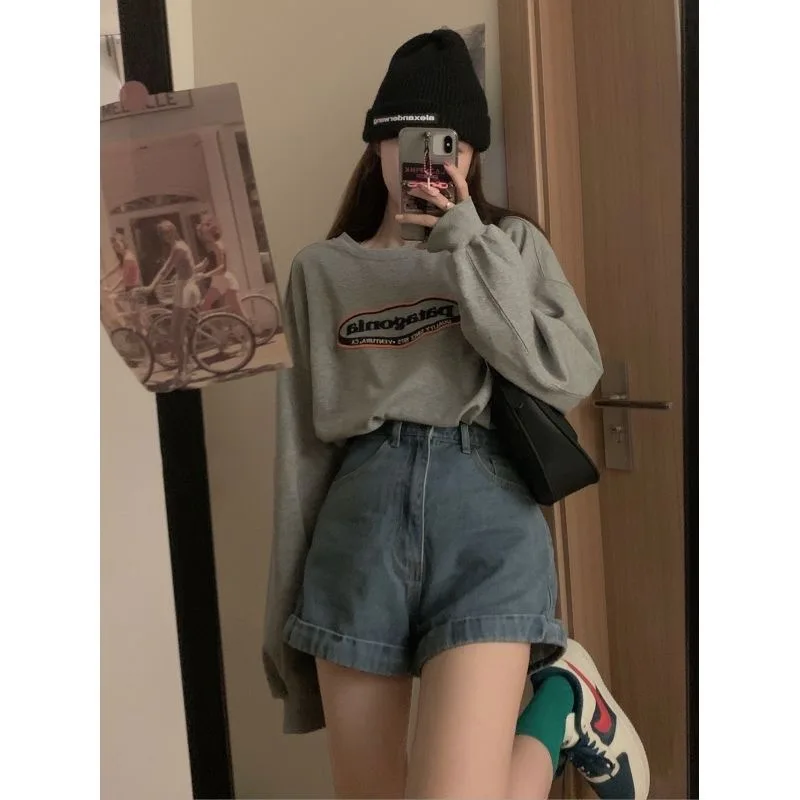 Y2K Summer Women Vintage Streetwear Korean Denim Shorts High Waist Knee Length Wide Leg Baggy Cargo Short Pants Harajuku Clothes