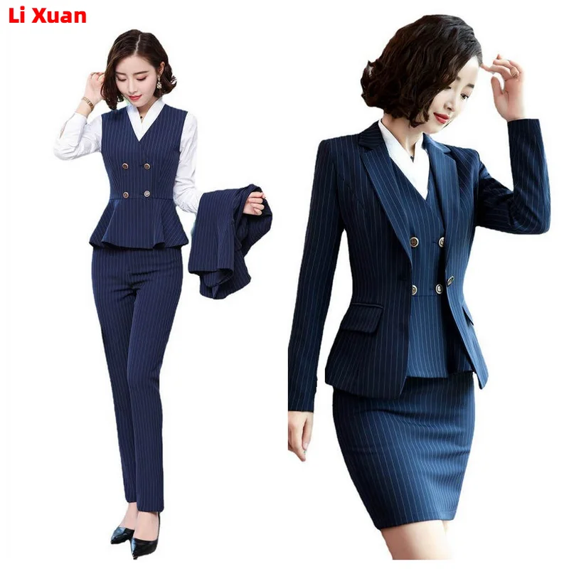 

Korean Style Uniform Work Wear Suits With Jackets And Skirt Novelty Navy Stripe Professional Office Uniforms for Business Women
