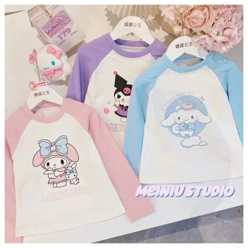 

Детская Хлопковая футболка Sanrioed My Melody Cinnamoroll Kuromi с принтом, с длинным рукавом, милое удобное нижнее пальто с круглым вырезом