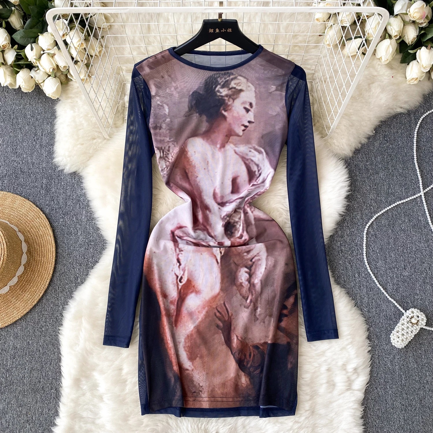 

Элегантное модное облегающее платье с высокой талией и принтом, Прозрачное платье с круглым вырезом, облегающее платье с длинным рукавом, осенне-зимнее платье с запахом на бедрах