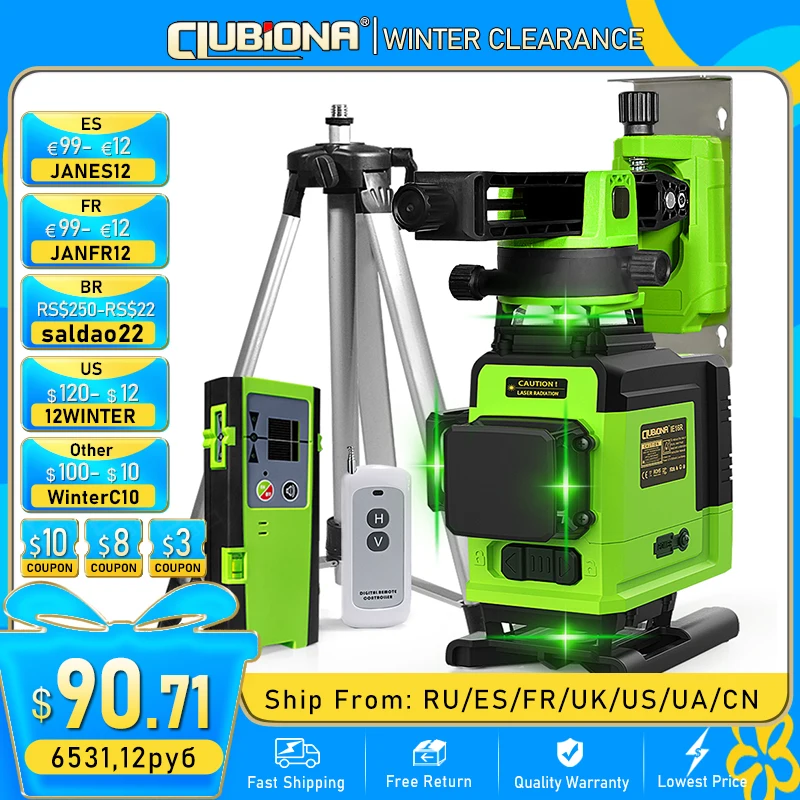 

CLUBIONA IE16R Powerful Green 16 Lines 4D Laser Level Remote Control German Module Floor and Ceiling Mounted With Li-ion battery