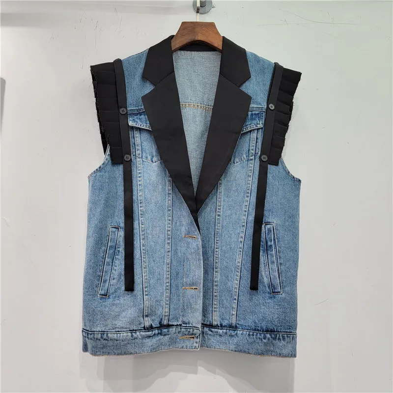 

Spring Fashion Suit Collar Fold Ruffles Stitching Cowboy Vest Blue Short Coat Casual Single Breasted Sleeveless Denim Waistcoat